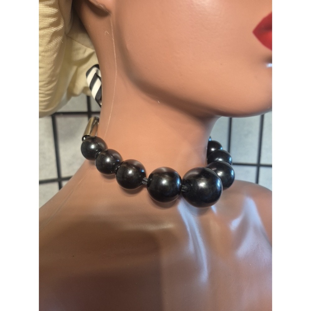 Vintage Black Graduated Bead Choker Necklace Black White Striped Ribbon Tie